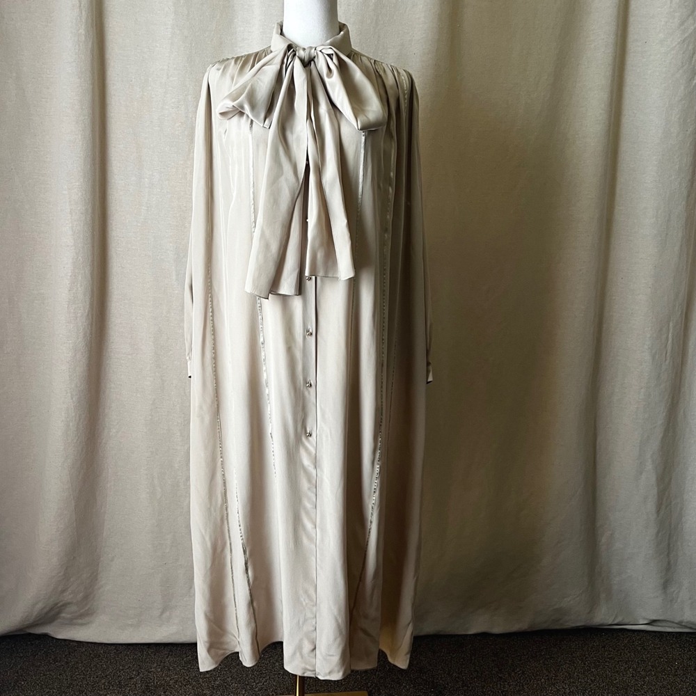 Vintage I. Magnin Silk Dress Italy Beige Oversized Tie Waist Size L - Picture 10 of 10